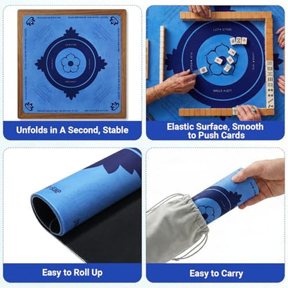 Mahjong Mat with Rules, 32.2 Inch Square Mahjong Mats for Table, Noise Reduction Mah Jong Mat, Rubber Anti-Slip Base for Board Games, Tiles Game & Dominoes Blue - color: Blue
