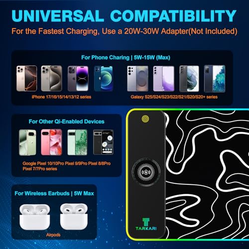 TARKARI Magnetic Wireless Charging RGB Mouse Pad, Large Gaming Desk Mat Waterproof, 31.5"x11.8" Black Mousepad, Ultra-Smooth Surface, Non-Slip Rubber Base, Desk Pad for Keyboard Laptop - color: Topographic Pattern