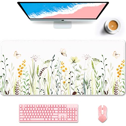 Auhoahsil Desk Pad, XXL Large Mouse Pad, Extended Gaming Mousepad, Cute Desk Mat for Women, Big Office Accessories Mouse Pad for Computer Keyboard and Laptop, 35.6" x 15.7", White Wildflower Butterfly - color: 34 Wildflower Butterfly, size: XXL - Extended