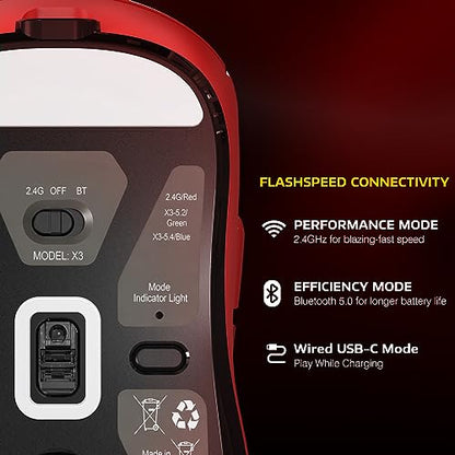 ATTACK SHARK X3 Wireless Gaming Mouse, 49g Ergonomic Computer Mouse, Triple Modes PAW3395 26K DPI Optical Sensor, 200h Battery Life, Programmable Buttons, Gaming Accessories for PC/Laptop/Mac (Red) - color: Red