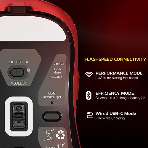ATTACK SHARK X3 Wireless Gaming Mouse, 49g Ergonomic Computer Mouse, Triple Modes PAW3395 26K DPI Optical Sensor, 200h Battery Life, Programmable Buttons, Gaming Accessories for PC/Laptop/Mac (Red) - color: Red