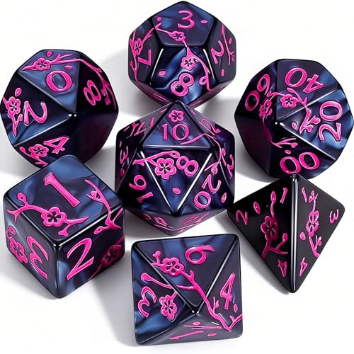 CiaraQ 7pcs Polyhedral Dice Set for Dungeon and Dragons MTG Table Games | Acrylic Role Playing Dice for D&D with Black Velvet Bag – Black Pearl with Pink Numbers & Plum Blossom Patterns - color: Black and Pink Floral Dice