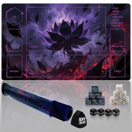 MTG Playmat with Storage Tube & 7-Dice Set - Waterproof TCG Playmat with Stitched Edges, Non-Slip Rubber Card Game Mat (24"x14") (playmat with Zones, Dark Flame Lotus) - color: Dark Flame Lotus, style: playmat with zones