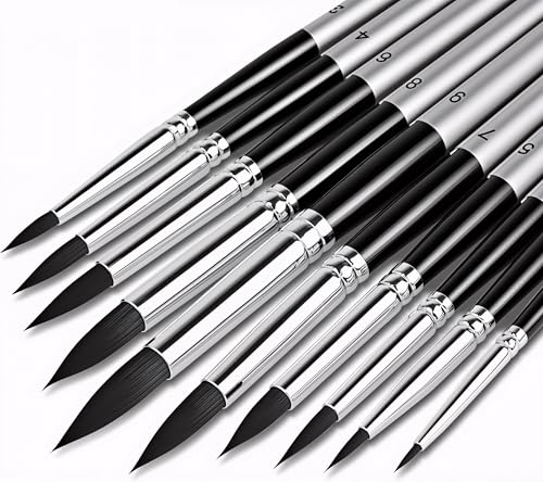Watercolor Brush Set of 10, Round Pointed Tip, Fine Synthetic | Detail Artist Brushes for Acrylic, Oil, Gouache, Wash & Fine Line Work, Anti-Shedding Pointed Bristles - color: Black