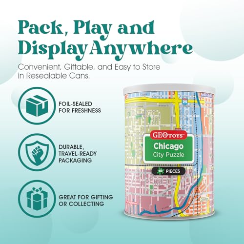 Geotoys Chicago Mini City Puzzle - 100 Piece Puzzles for Kids and Adults in Portable Can, 13" x 10" Educational Travel Puzzle for Ages 7 and Up - Mini Puzzles to Learn & Explore Geography - style: Chicago
