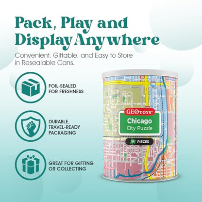 Geotoys Chicago Mini City Puzzle - 100 Piece Puzzles for Kids and Adults in Portable Can, 13" x 10" Educational Travel Puzzle for Ages 7 and Up - Mini Puzzles to Learn & Explore Geography - style: Chicago