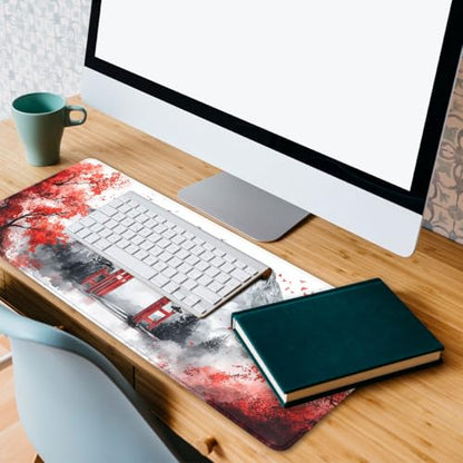 Japanese Gaming Mouse Pad Mountains Cherry Blossoms Watercolor Large Gaming Mouse Mat with Stitched Edges,Non-Slip Waterproof Rubber Base Mous Mat 31.5"x11.8" - color: Japanese, size: 31.5L x 31.5W inches