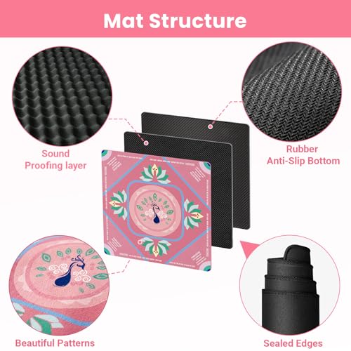 Mahjong Mat with Rules, 32.2 Inch Square Mahjong Mats for Table, Noise Reduction Mah Jong Mat, Rubber Anti-Slip Base for Board Games, Tiles Game & Dominoes Pink - color: Pink