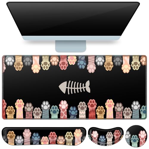Desk Mat, Large Gaming Mouse Pad with Wrist Rest, 4in1 XXL Mousepad+Keyboard Wrist Rest+Mouse Pad Wrist Support+Cup Coaster Set Ergonomic Computer Desk Arm Wrist for Decor Home Office Table Women - color: Cat's Paw