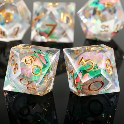 DNDND Green Dragon Dice with Golden Numbers | Liquid Core 7-Piece Sharp Edge D&D Dice Set | Dragon Themed Collectible Metal Case | RPG Tabletop Gaming Gift - color: Liquid Dragon Green
