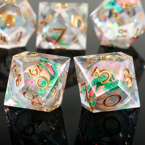 DNDND Green Dragon Dice with Golden Numbers | Liquid Core 7-Piece Sharp Edge D&D Dice Set | Dragon Themed Collectible Metal Case | RPG Tabletop Gaming Gift - color: Liquid Dragon Green
