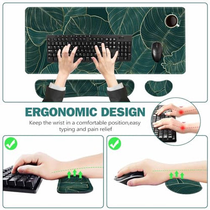 ToLuLu Extended Gaming Mouse Pad, Ergonomic Keyboard Mouse Wrist Rest Set | Large Desk Mat with Stitched Edges, Non-Slip Base Memory Foam Mousepad Support for Home Office Game, Green Golden Leaves - color: Green Golden Leaves