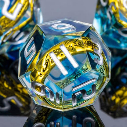 OUKELANWO Magic Lord Rings DND Dice Set with Box, 7Pcs Resin LOTR D&D Dice Set for Role Playing Game, Blue Dungeons Dragons D and D Sharp Edge Dice D20 D12 D10 D8 D6 D4 - color: Blue & White