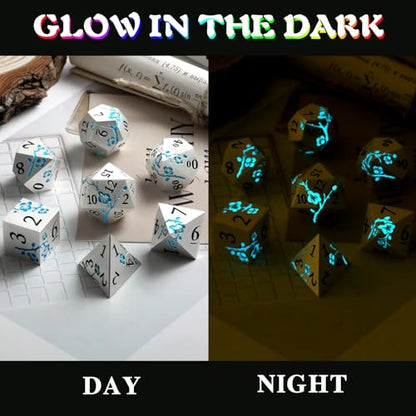 Glow in the Dark Flower Metal Dice, DNDND 7 PCS Blue Metallic D&D Dice Set with Gorgeous Gift Case for Dungeons and Dragon Tabletop Game (Glow in the Dark Blue) - color: Flower Glow Blue