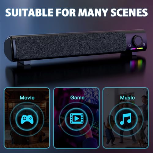 Computer Speakers, USB Powered 3.5mm AUX PC Sound Bar for Desktop Monitor, Gaming Speakers with Headphones & Microphone Link, Superb Stereo Sound, Plug-n-Play (Black) | USB-powered desktop PC soundbar with 3.5mm AUX and mic/headphone jack. Superb stereo s