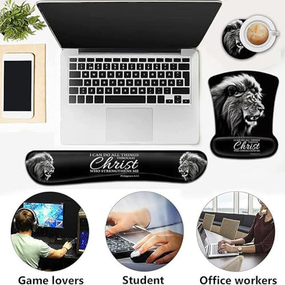 Black Mouse Pad with Ergonomic Wrist Support and Memory Foam Keyboard Wrist Rest, Non-Slip PU Base Gel Mouse Mat, Keyboard Palm Rest for Home Office Gaming Desk Pad Fierce Lion Philippians 4:13 - color: Yvb-mouse Pad -2-b-23