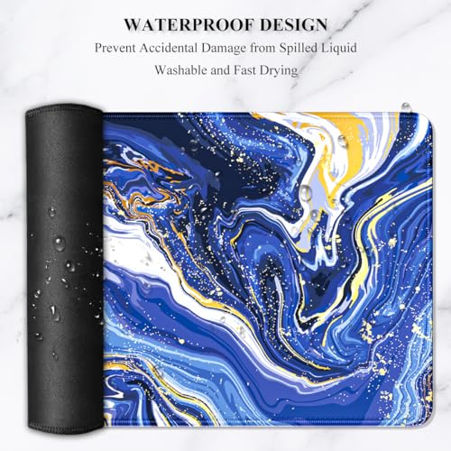 Auhoahsil Large Gaming Mouse Pad, Marble Theme XXL 35.4 x 15.7 in Desk Pad Stitched Non-Slip Rubber Long Computer Mousepad Thin Extended Full Size Desk Mat for Desktop Laptop Wireless Mice, Blue - color: 10 Navy Marble, size: 35.5L x 15.7W inches