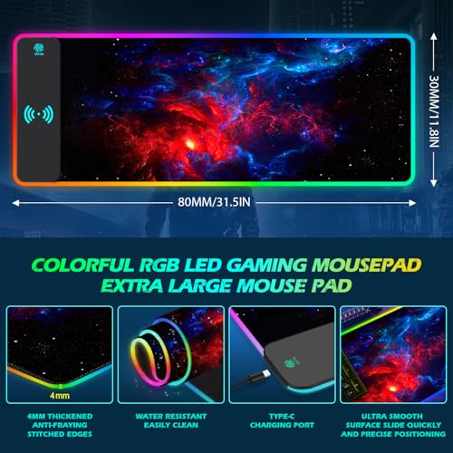 ToLuLu RGB Wireless Charging Gaming Mouse Pad, 7.5/10/15W 10 Light Modes LED Mouse Pad Computer Keyboard Mat Mousepad, 800x300x4MM Extended Large Desk Pad Desk Mat for Gamer, Red Blue Galaxy - color: Red Blue Galaxy