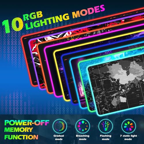 ToLuLu RGB Gaming Wireless Charging Mouse Pad, 5/7.5/10/15W LED Mouse Pad | 10 Light Modes Computer Keyboard Mat Mousepad, 800x300x4MM Extended Large Desk Mat for Gaming, MacBook, Laptop, PC, World Map - color: World Map