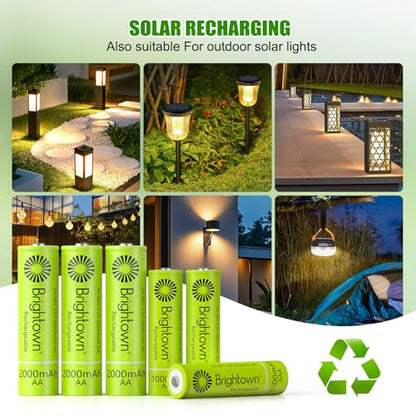 Brightown 16 Pack AA 2000mAh and 16 Pack AAA 1000mAh Rechargeable Batteries Combo - 1.2V NiMH High Capacity Battery - Ideal for Solar Lights & Home Devices, Recharge up to 1000x Times, Pre-Charged - size: 16PC AA 2000mAh + 16PC AAA 1000mAh