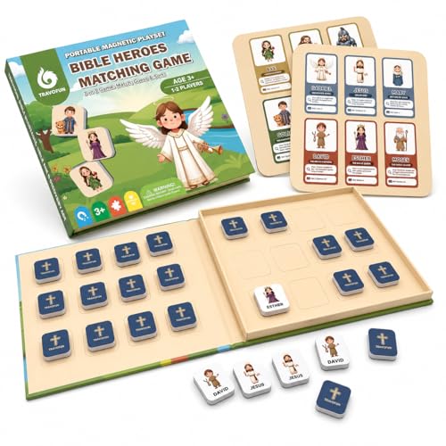 Travofun Magnetic Bible Matching Game, Memory & Clue Cards, Ages 4-8 | Magnetic memory matching with Bible character clue cards for church, Sunday school, family learning and travel. - style: Bible Heroes Game