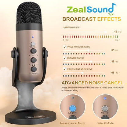 ZealSound Podcast Microphone for PC, Noise Cancellation USB Mic with Gain, Volume Adjustment & Mute Button, Monitoring & Echo, for YouTube, TikTok, Podcasting, Streaming, iPhone, iPad, Android, Mac - color: Gold