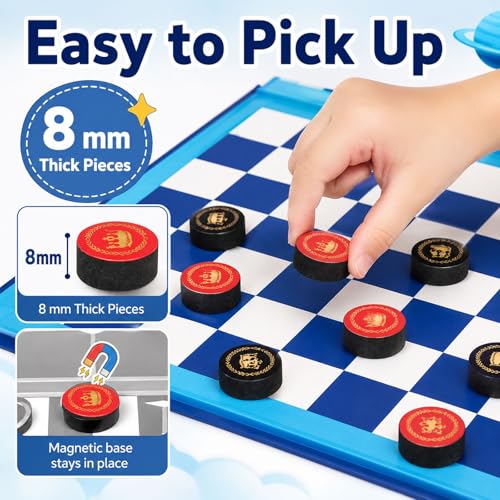 TRAVOFUN Magnetic Checkers Board Game | Travel Games for Kids 8-12 | Foldable travel checkers game with tic-tac-toe keeps magnetic pieces secure for car rides, flights, camping, and family play. - style: Checkers&Tic-Tac-Toe