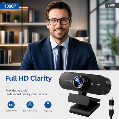 Gritto 1080P HD Webcam with Auto Focus & Microphone, 30FPS Computer Camera, USB Plug-and-Play with Type-C Adapter, 360° Rotating Webcam for Zoom Meetings, Teams, Streaming & Online Classes