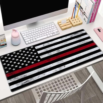 Thin Red Line with USA Flag Large Gaming Mouse Pad for Desk, Desk Mat with Seamed Edges, Waterproof Desk Pad, Non-Slip Rubber Base, 31.5x11.8 Inch Keyboard Pad Computer Mat, Big XL Mousepad - color: Thin Red Line With Usa Flag