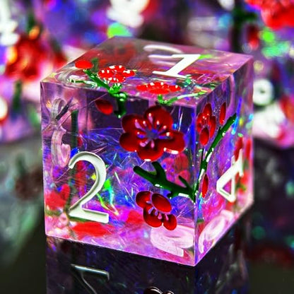 HAOMEJA Resin Flower Dice Set 7pcs/ Sharp Edged Polyhedral Dice/Apply to D&D/DND/RPG-MTG/Role Playing Table Game/Easter/Halloween Party Gift (Purple & White Numbers) - color: 7 Purple & White Numbers