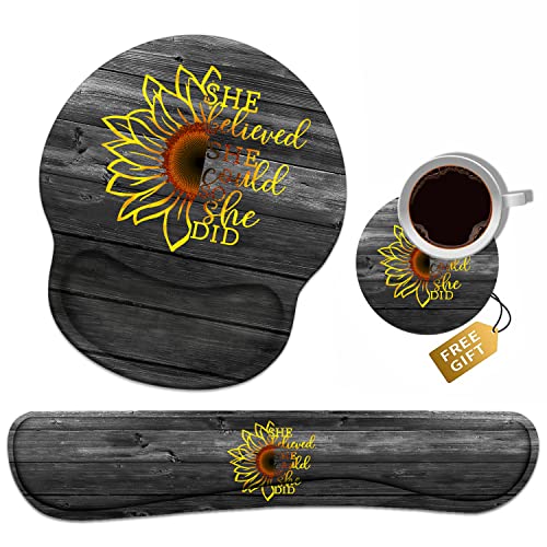 Keyboard Wrist Rest + Mouse Pad Wrist Support Set with Coasters, Inspirational Quote She Believed She Could So She Did Design Non-Slip PU Base Ergonomic Mousepad for Home Office Working Studying - color: Inspirational Quote She Believed She Could So She D