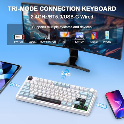 Aula F75 Wireless Mechanical Keyboard, 75% Hot Swappable Custom Gaming Keyboard with Knob,BT5.0/2.4GHz/USB-C,RGB Backlit,Pre-lubed Reaper Switches, Mechanical Gaming Keyboards (Glacier Blue) - color: Glacier Blue