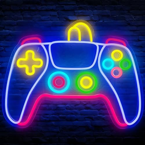 Gamer Neon Sign 17'' x 13'' Big Colorful Gaming Controller Neon Light Dimmable USB Powered Gamepad Shaped Gaming Led Light Up Sign for Teens Boys Bedroom Men Caves Kids Home Party Wall Decor - color: Game Controller A