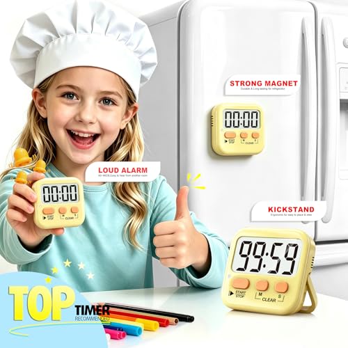 2 Pack Digital Timer for Kids Classroom Kitchen Timers for Cooking | w/ Battery, Easy to View, Alarm, Mute Mode, Count Down/Up, Magnetic, Kickstand, Hanging, Classroom Timer for Teacher Supplies - color: Yellow
