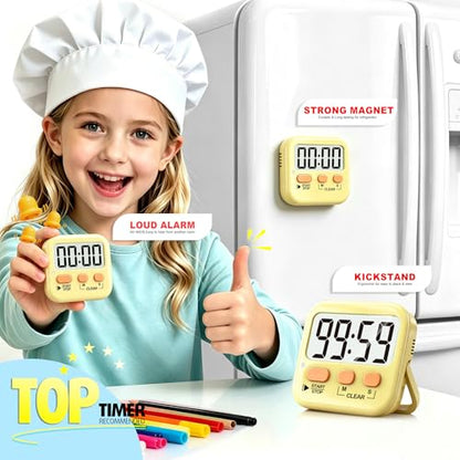 2 Pack Digital Timer for Kids Classroom Kitchen Timers for Cooking | w/ Battery, Easy to View, Alarm, Mute Mode, Count Down/Up, Magnetic, Kickstand, Hanging, Classroom Timer for Teacher Supplies - color: Yellow