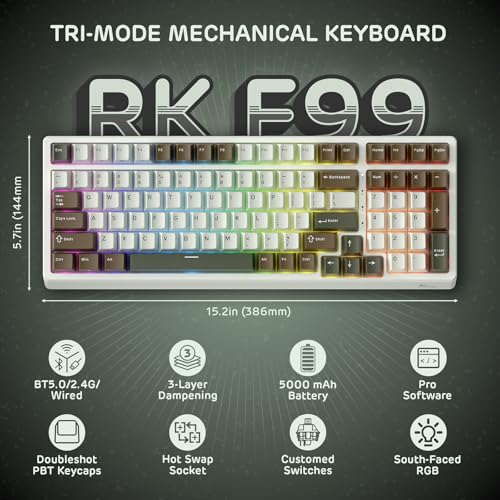 RK ROYAL KLUDGE F99 Wireless Mechanical Keyboard, Gasket Structure | 95% 100 Keys Hot Swappable RGB Gaming Keyboard, Tri-Mode BT/2.4GHz/USB-C, Pre-lubed Custom Switches, for PC/Xbox/PS4/PS5 - color: Palm Green, size: Silent Purple Switch