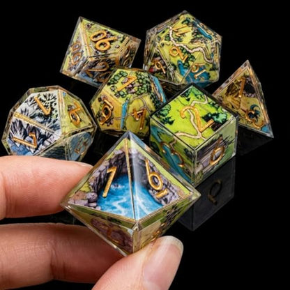 Map Landscape Sharp Edge Resin DND Dice Set 7PCS Polyhedral Dice for Tabletop RPG Games, Handmade Multi-Sided Dice for Dungeons Role Playing, Pathfinder, Gift for Gamers - color: Map