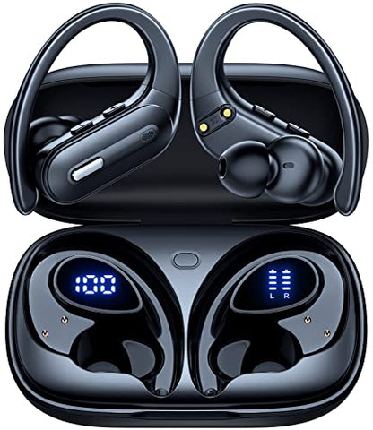 Active Noise Cancelling Wireless Earbuds Bluetooth Headphones 90 Hrs Playtime Ear Buds with Hi-Res Stereo Deep Bass Power Display Earphones with Earhooks Waterproof Transparency Headset Sports/Running - color: Black