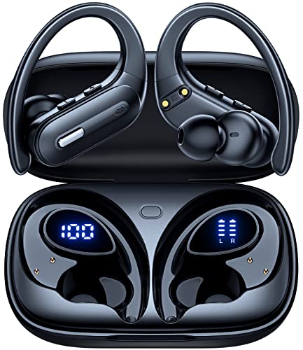 Active Noise Cancelling Wireless Earbuds Bluetooth Headphones 90 Hrs Playtime Ear Buds with Hi-Res Stereo Deep Bass Power Display Earphones with Earhooks Waterproof Transparency Headset Sports/Running - color: Black