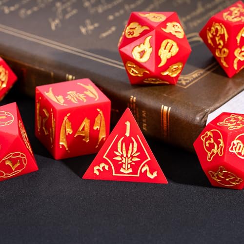 Cusdie 7-Piece Sharp Edges DND Dice Set with Dragon Pattern - Perfect for Tabletop RPGs Board Games Gifting and Collecting(Red with Gold Number) - color: Dragon Pattern R/G