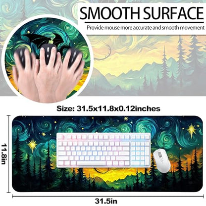 Fantasy Starry Night Forest and Dragon Gaming Desk Mat, Computer Keyboard Large Extended Long Mouse Pad for Office and Home, XL (W05) - color: W05