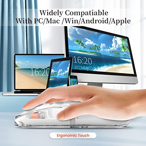 A.JAZZ Wireless Bluetooth5.1&2.4G Mini Lightweight Mouse,Transparent Clear Cool,Rechargeable Silent Computer Mice,Nano USB C Receiver,LED Battery Magic Silm for Office/PC/Mac/Laptop/Apple/ipad(White) - color: White
