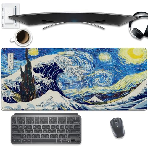 Starry Night & Great Wave Large Mouse Pad, 27.5x11.8in Art Painting Fusion Extended Desk Mat with Stitched Edges, Non-Slip Waterproof Rubber Base for Office, Computer & Laptop - color: Starry Night Waves