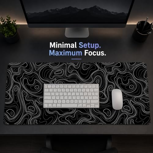 Topographic Gaming Mouse Pad 35.4x15.7 Inch, 0.12 Thickness, Extended Full Desk Mat, Non-Slip Rubber Base, Water Resistant Surface, Black Mousepad for PC Gaming, Office, E-Sports - color: Black Topographic Map