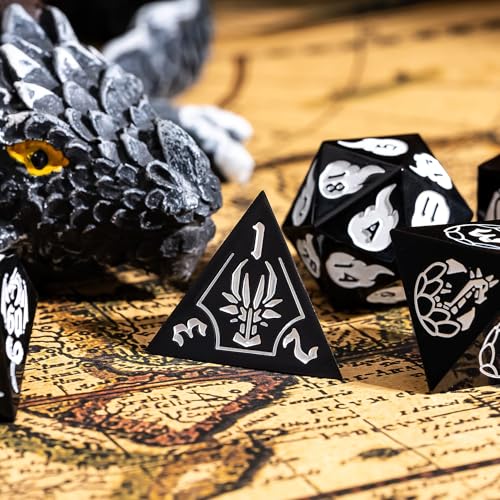Cusdie 7-Piece Sharp Edges DND Dice Set with Dragon Pattern - Perfect for Tabletop RPGs Board Games Gifting and Collecting(Black with White Number) - color: Dragon Pattern B/W