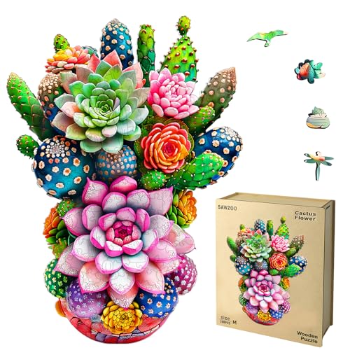 Wooden Puzzles for Adults, Cactus Flower 200 Piece Unique Shaped Puzzle, Creative Wooden Jigsaw Puzzle Gift, Family Game, Wall Art Decor, 11 x 15 Inch - color: Cactus Flower, size: 200PCS
