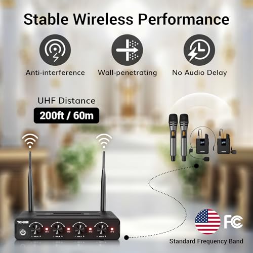 TONOR Wireless Microphone System, 4 * 10-Channel UHF Cordless Handheld Mic Set with Headset/Lavalier Lapel Mics, Bodypack Transmitter, Receiver, 60 m/200ft Range for Karaoke Singing Church PA Speaker - style: 2 Handheld 2 Bodypack Mics