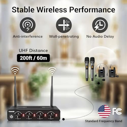 TONOR Wireless Microphone System, 4 * 10-Channel UHF Cordless Handheld Mic Set with Headset/Lavalier Lapel Mics, Bodypack Transmitter, Receiver, 60 m/200ft Range for Karaoke Singing Church PA Speaker - style: 2 Handheld 2 Bodypack Mics