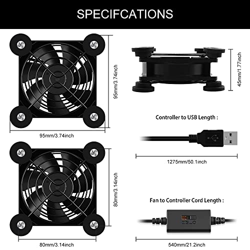 2Pack Quiet 80mm USB Fan Dual-Ball Bearings, USB Fan 5V, with L/M/H 3-Degree Speed Controller High Airflow Cooling Fan for Router Modem Receiver DVR PlayStation Xbox TV Box - size: 2Pcs 80mm