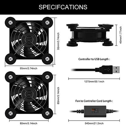 2Pack Quiet 80mm USB Fan Dual-Ball Bearings, USB Fan 5V, with L/M/H 3-Degree Speed Controller High Airflow Cooling Fan for Router Modem Receiver DVR PlayStation Xbox TV Box - size: 2Pcs 80mm